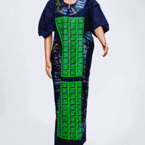 Green  Square Pattern Adire Kampala Long Gown