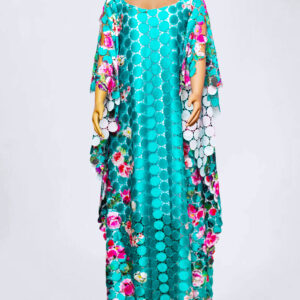 Turquoise Floral Maxi Women African Lace Kaftan Dress