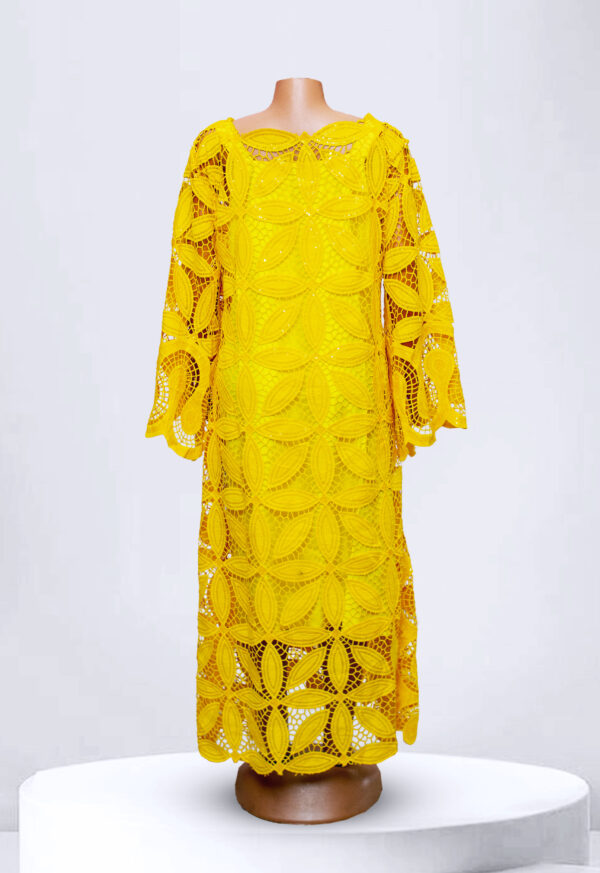 Long Sleeved Yellow Lace Maxi Gown - Image 2