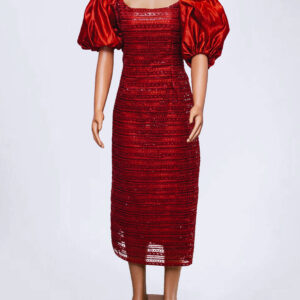 Elegant brown Puffy Sleeve Lace Maxi Dress