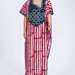Red & White Pattern Adire Kampala Long Gown