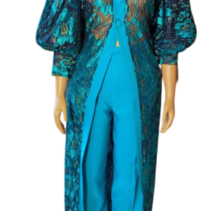 African Women in Lace Kimono Jacket and Pants (Green)