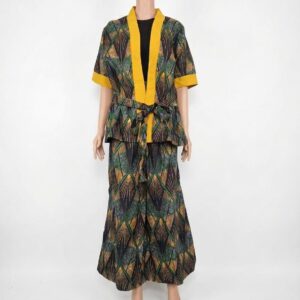 Mustard Trimmed Art Decor Print Kimono Set with Waist Tie