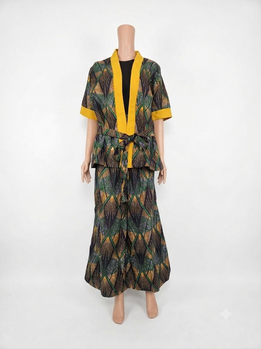 Mustard Trimmed Art Decor Print Kimono Set with Waist Tie