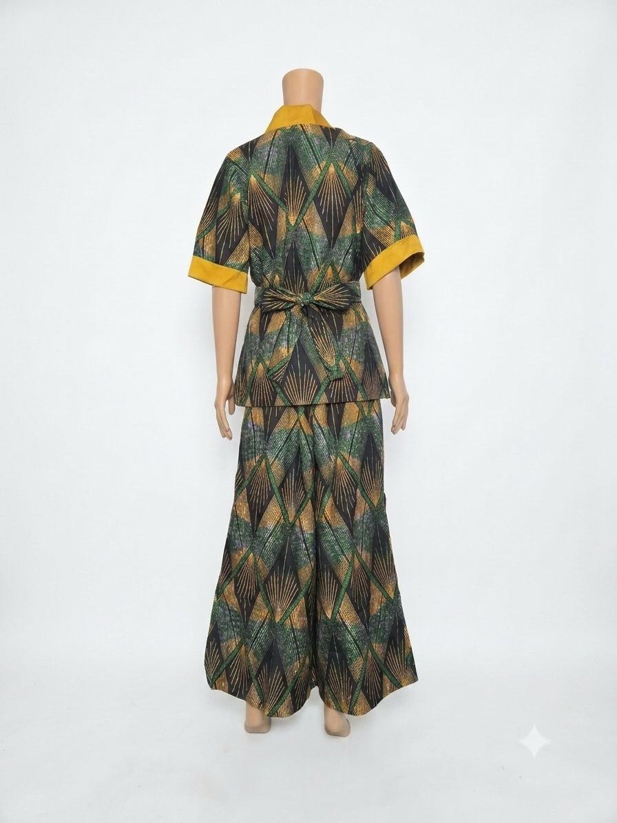 Mustard Trimmed Art Decor Print Kimono Set with Waist Tie - Image 2