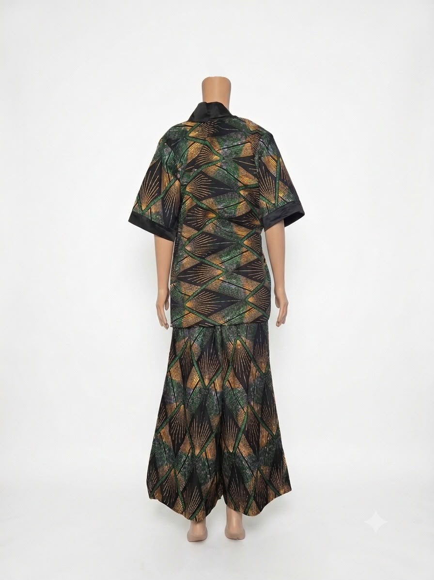 Golden Green Geometric 2-Piece Belted Loungewear Set - Image 2