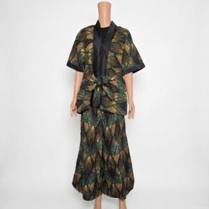 Golden Green Geometric 2-Piece Belted Loungewear Set