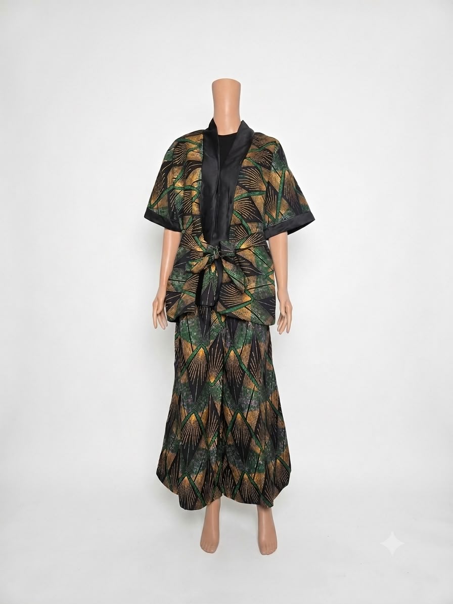 Golden Green Geometric 2-Piece Belted Loungewear Set