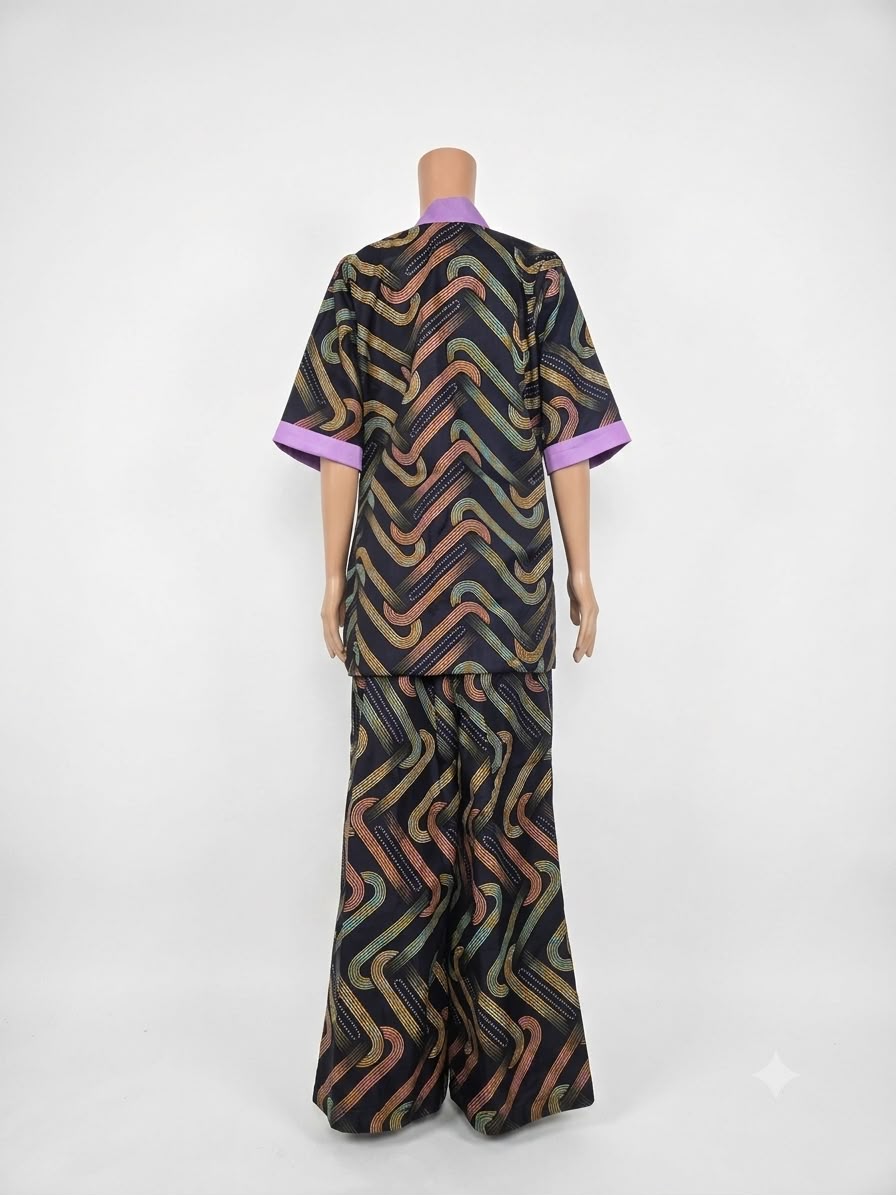 Black and Lilac Adire Open-Front Jacket and Wide-Leg Pants Set - Image 2