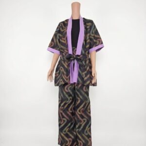 Black and Lilac Adire Open-Front Jacket and Wide-Leg Pants Set
