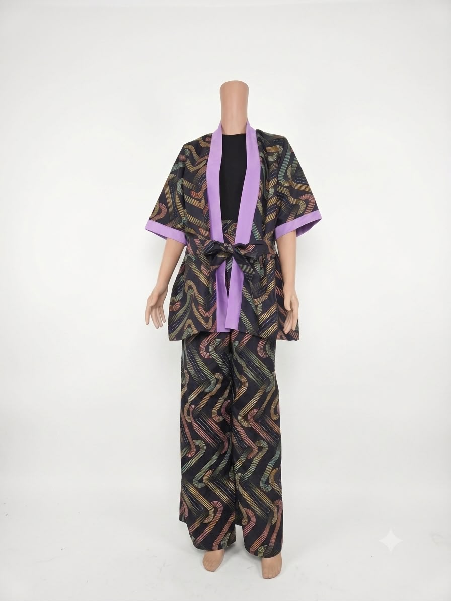 Black and Lilac Adire Open-Front Jacket and Wide-Leg Pants Set