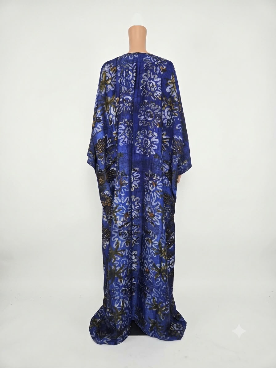 Indigo Batik African Kaftan with Lace Neckline - Image 2
