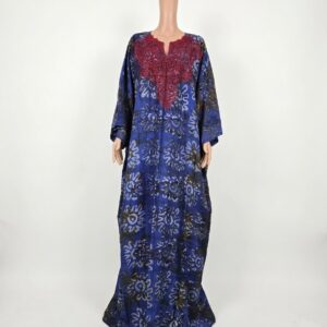 Indigo Batik African Kaftan with Lace Neckline