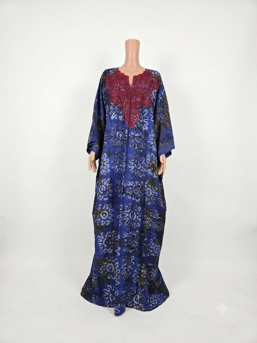 Indigo Batik African Kaftan with Lace Neckline