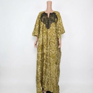Olive Gold Adire Print Boubou Maxi Dress