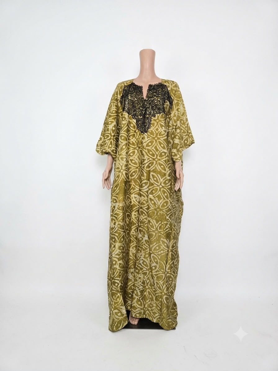 Olive Gold Adire Print Boubou Maxi Dress