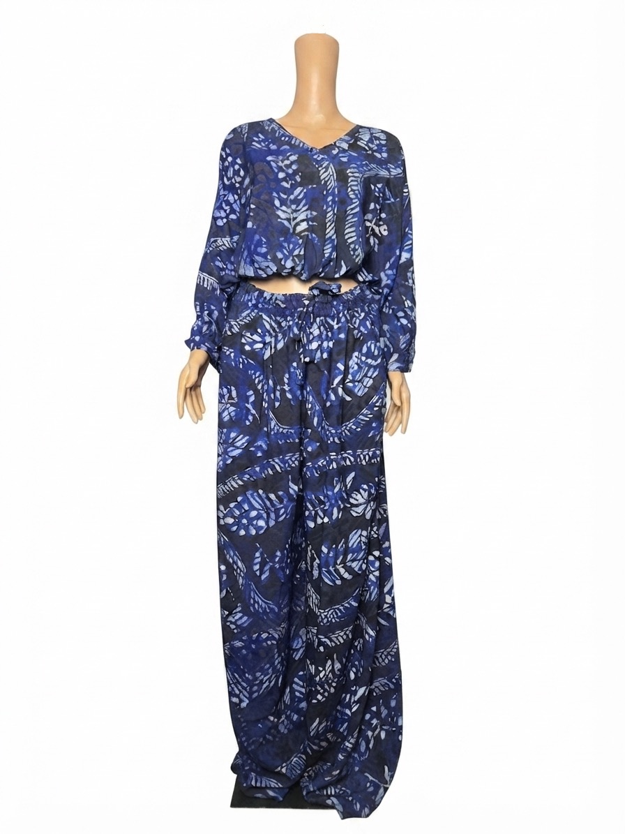Cobalt Blue Leaf Print Cropped Tunic and Trousers Set