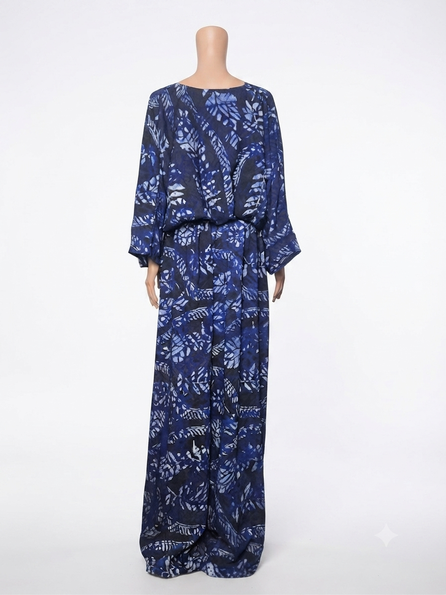 Cobalt Blue Leaf Print Cropped Tunic and Trousers Set - Image 2